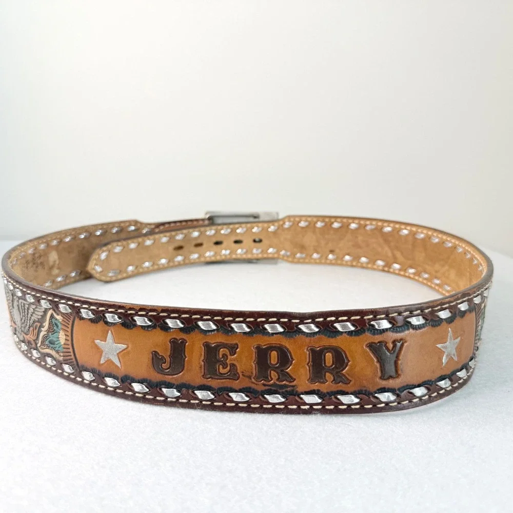 VTG Western Tooled Leather‎ Belt Eagle Floral Inlay Personalized Jerry Size 36